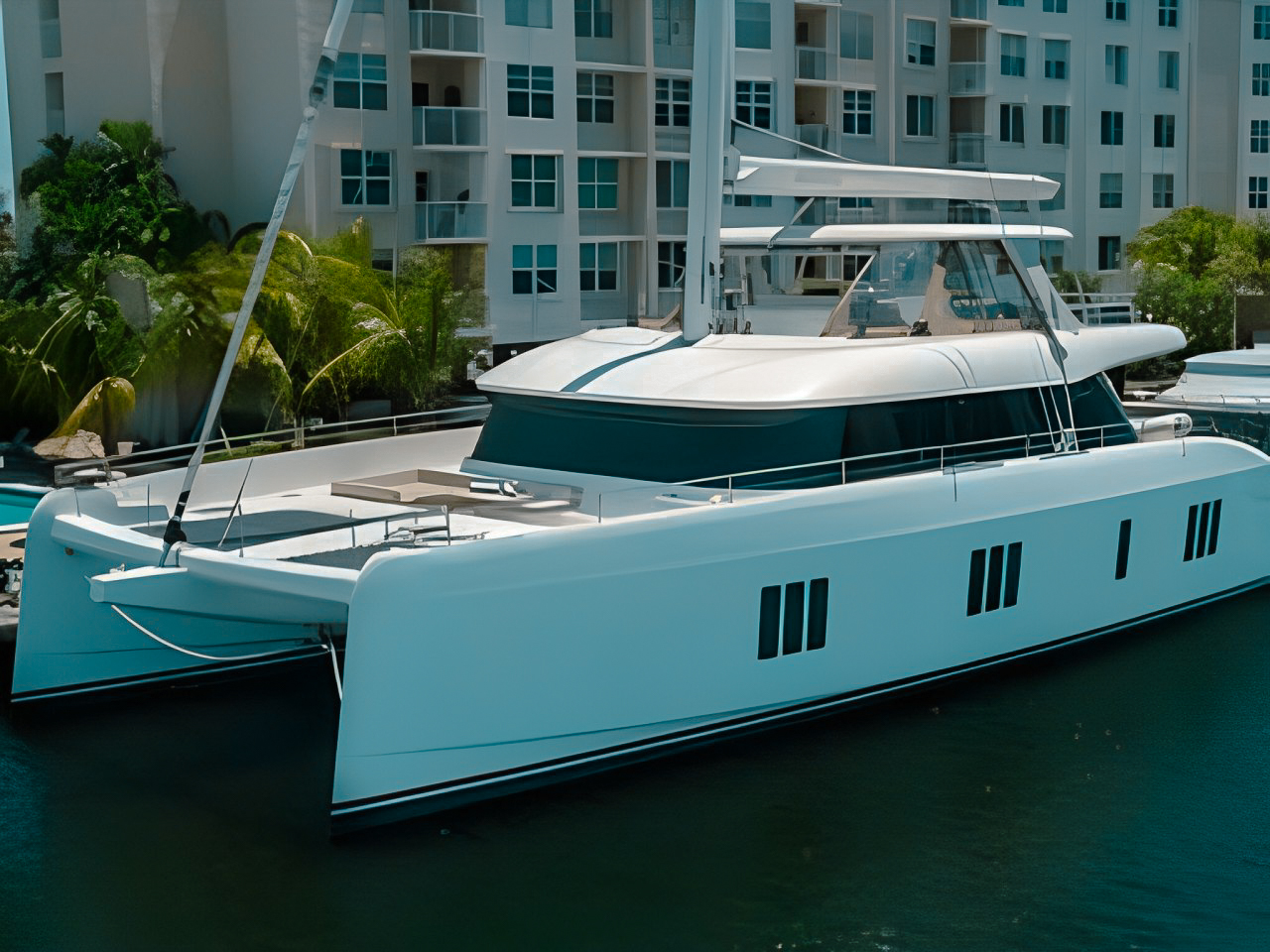 80 Sunreef II yacht from above, cruising clear Caribbean waters