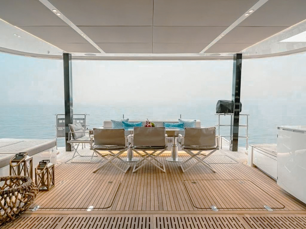 80 Sunreef I yacht from overhead with people enjoying the deck