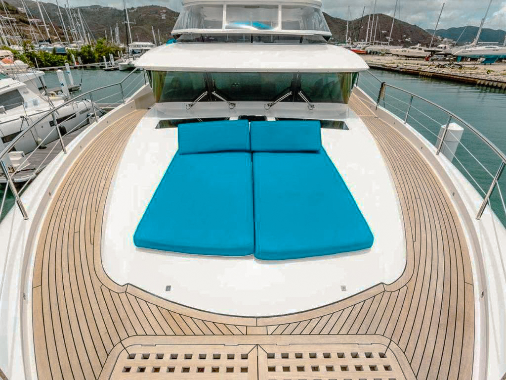 Deck area of the 85 Horizon with seating and ocean views