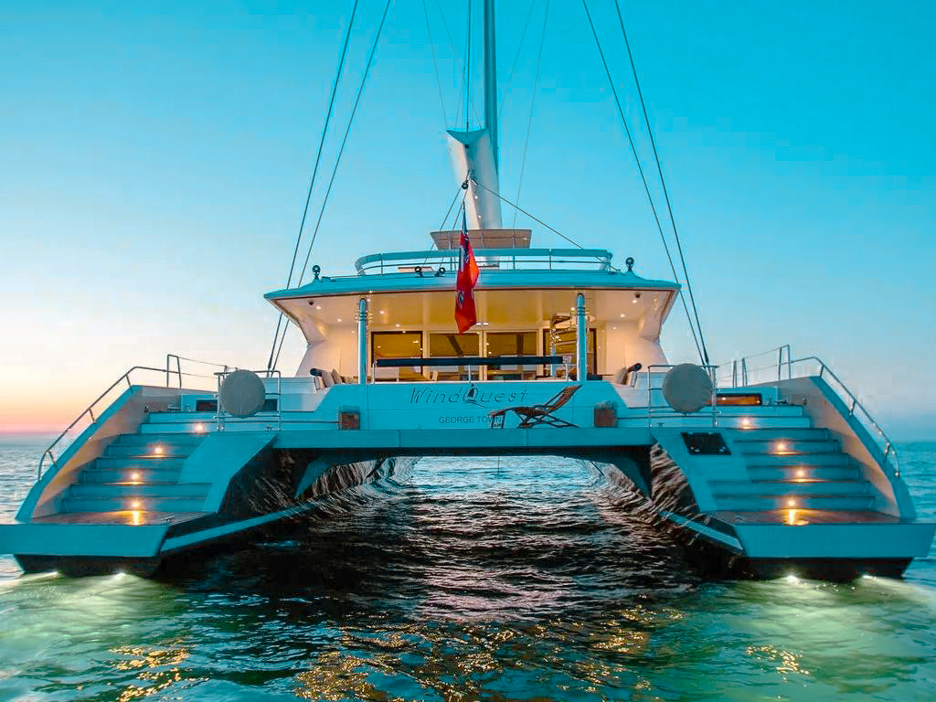 Side view of the 85 JFA yacht at anchor