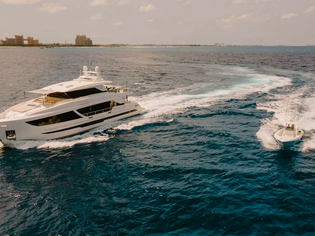 Aft deck of 90 Horizon yacht with seating