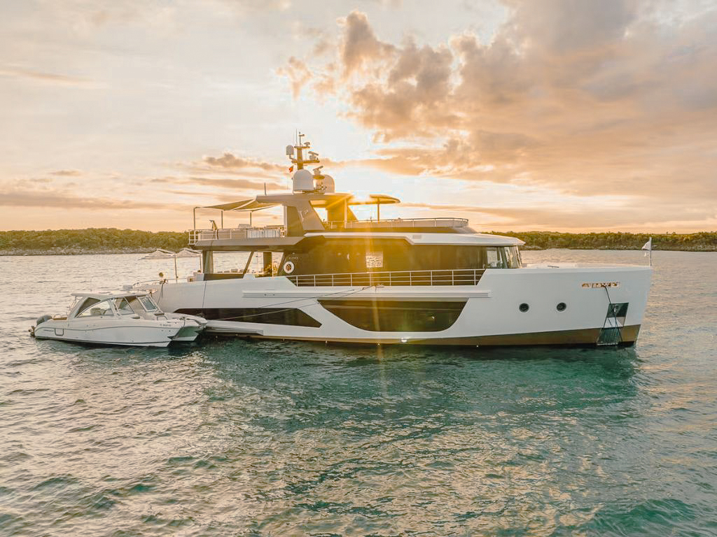 102 Alpha yacht exterior at sunset in the Caribbean