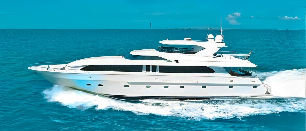 Exterior view of 104 Intermarine yacht on Caribbean waters