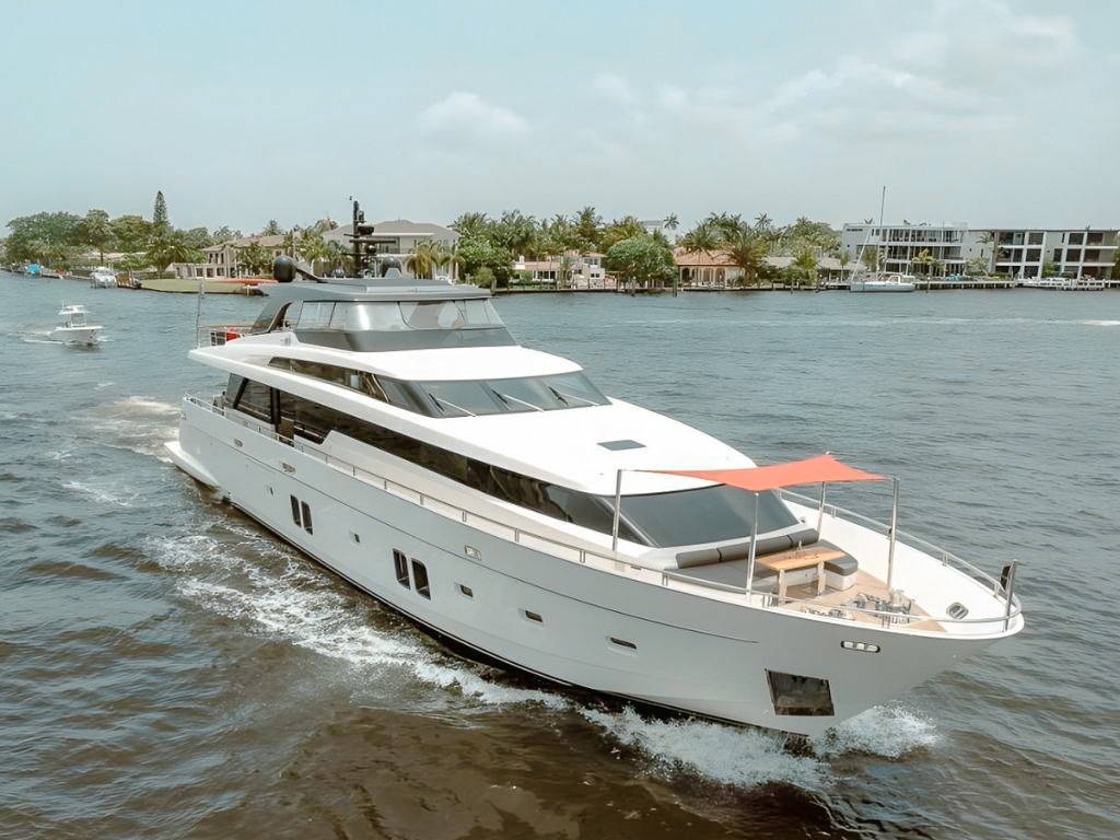 Aerial view of 106 San Lorenzo yacht at a marina