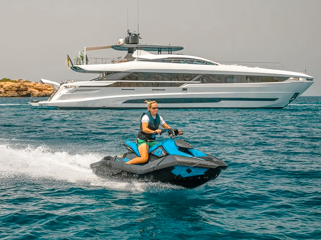 Another stunning exterior shot of the 110 Mangusta at anchor