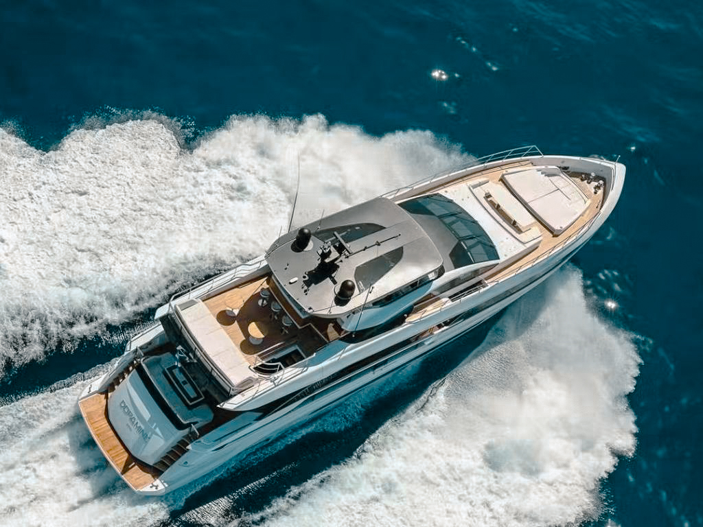 Main deck seating area on the 110 Mangusta yacht, perfect for dining or lounging