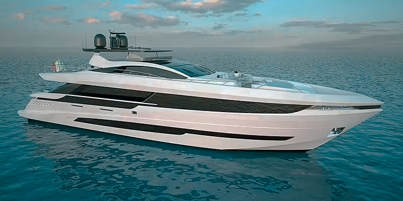 Exterior view of the 110 Mangusta yacht sailing in clear blue waters