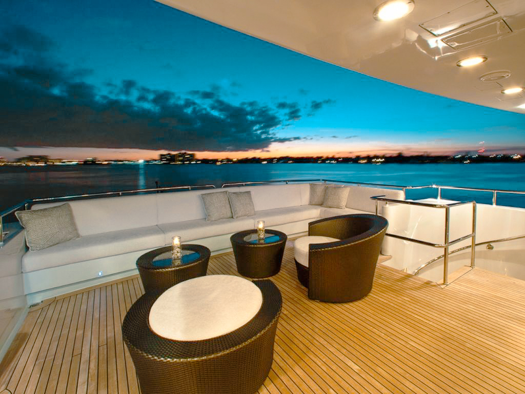 Bow of 125 Palmer Johnson yacht with seating overlooking the ocean