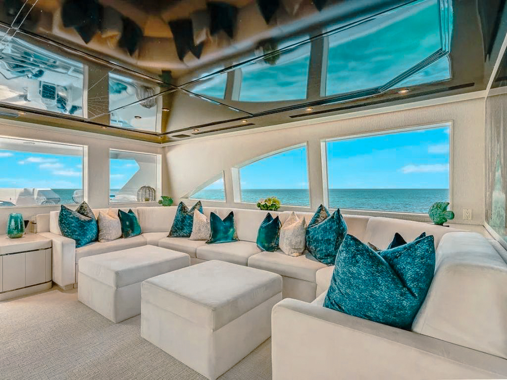 A luxurious cabin, possibly the master suite, on the 132 Sunseeker yacht