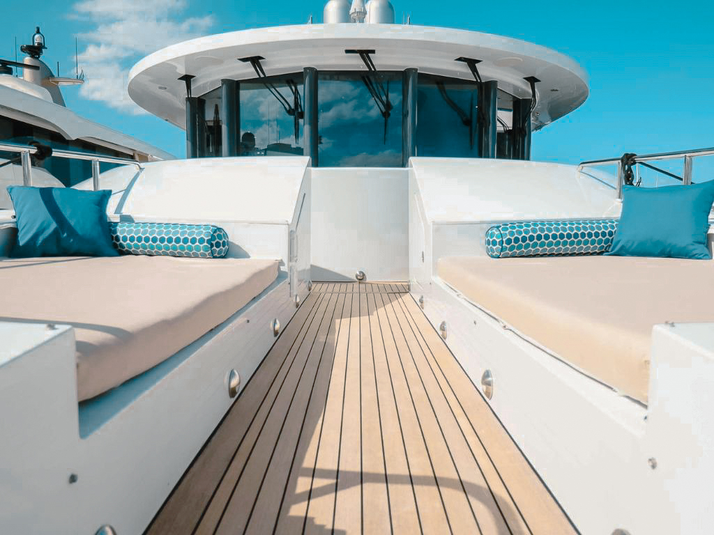 Front view of 141 Ares Marine with tenders and water toys ready