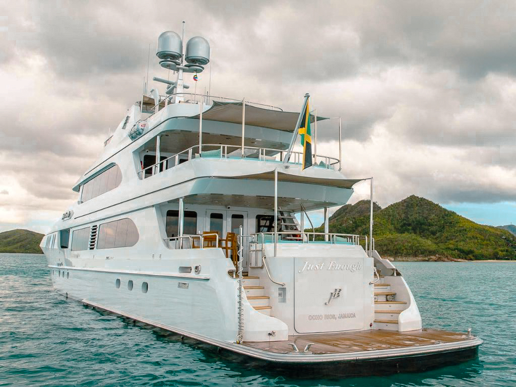 Side view of the 141 Ares Marine yacht on calm Caribbean waters