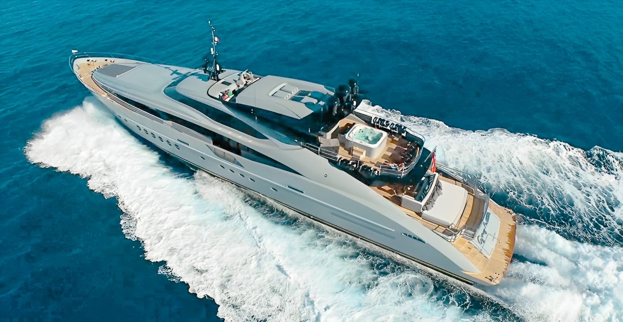 Sleek exterior design of the 150 Palmer Johnson yacht at sea