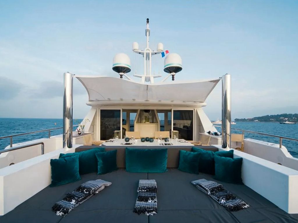 Stern view and sun deck of the 172 Codecasa yacht with open water