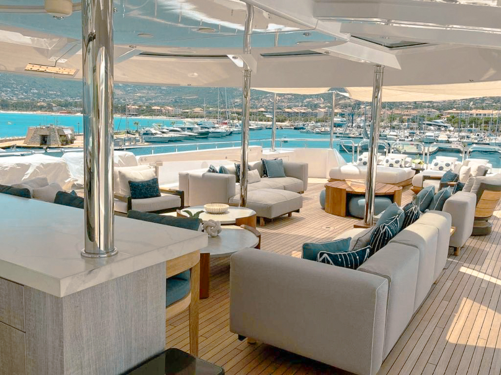 164 Westport yacht at dusk, showing exterior and lighting