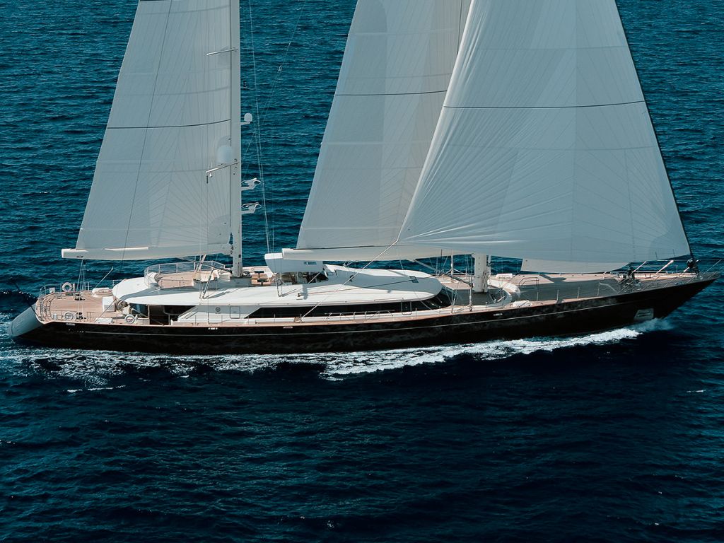 Luxurious 185ft Perini Navi yacht sailing in the crystal clear waters of the Caribbean