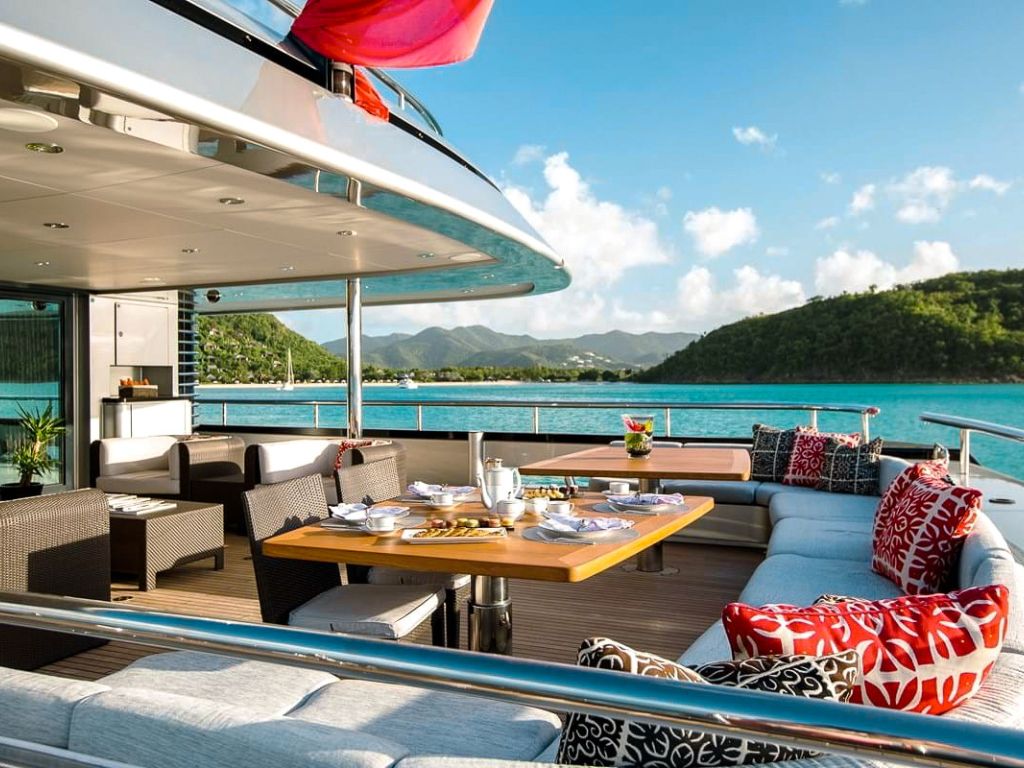 Aerial view of the 197 CMN yacht and its tender on the water
