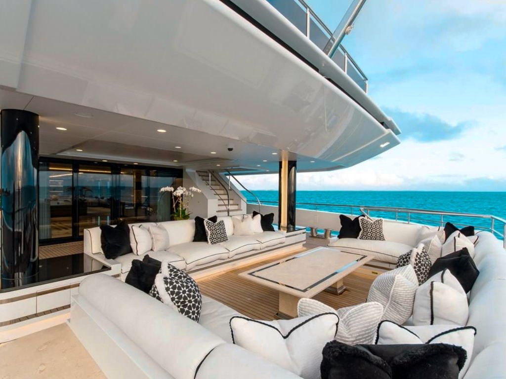Aerial view of 207 Sunrise yacht anchored in a beautiful Caribbean cove