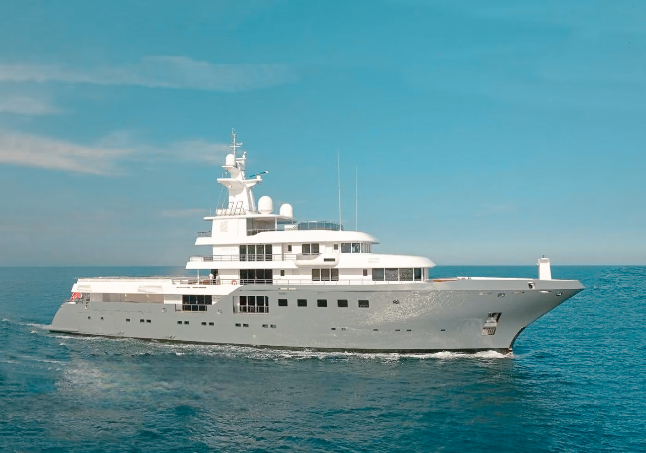 The 240 Admiral, a newly listed 240ft private yacht charter sailing the turquoise Caribbean waters.