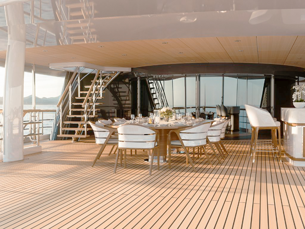 Stern view of the 242 Amels yacht with swimming platform open