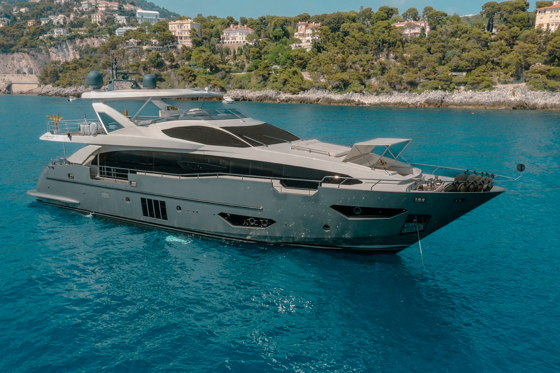 Top-down view of the 94 Azimut yacht's exterior deck with guests