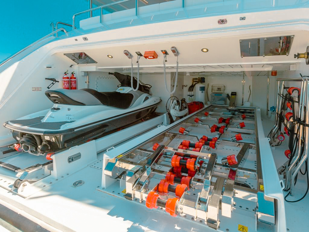 Overhead view of 92 Benetti yacht with guests on deck