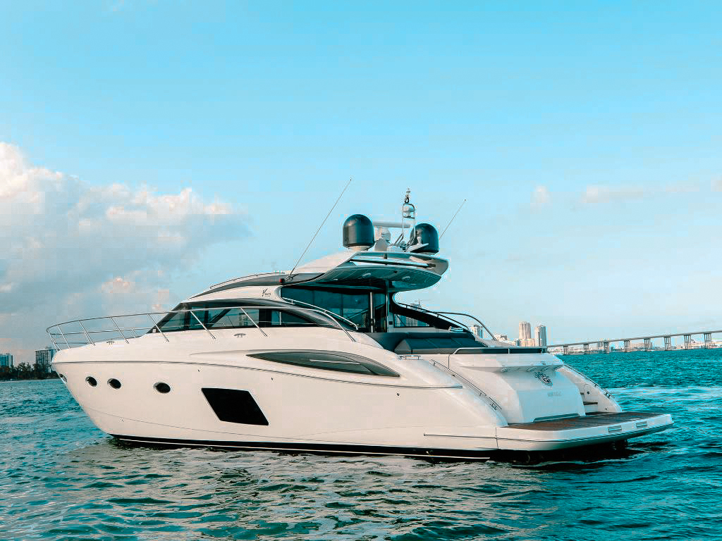 Luxurious 62ft Princess yacht docked in Miami, ready for charter