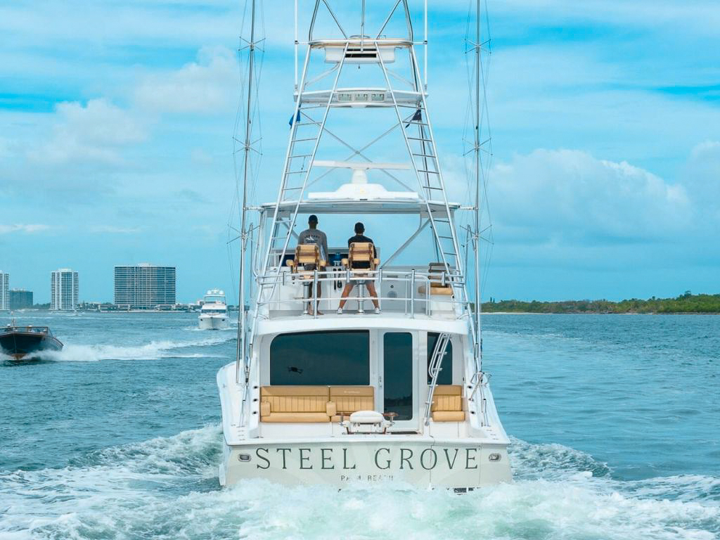 The luxurious 60ft Hatteras yacht for charter in Fort Lauderdale, ready for guests.