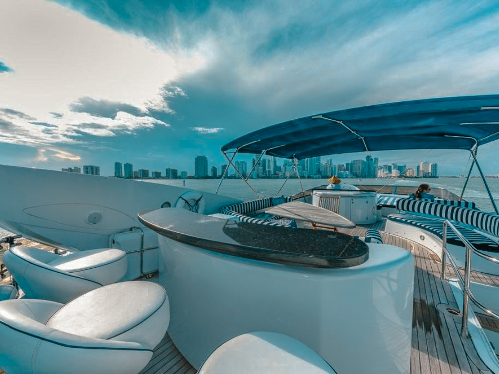 Rear exterior deck of the 82 Sunseeker II, showing a seating area and swim platform