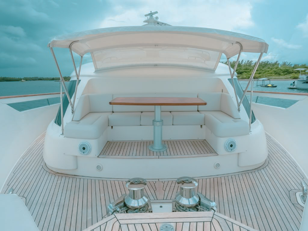 Stern view of the 94 Custom Line yacht, showing swimming platform