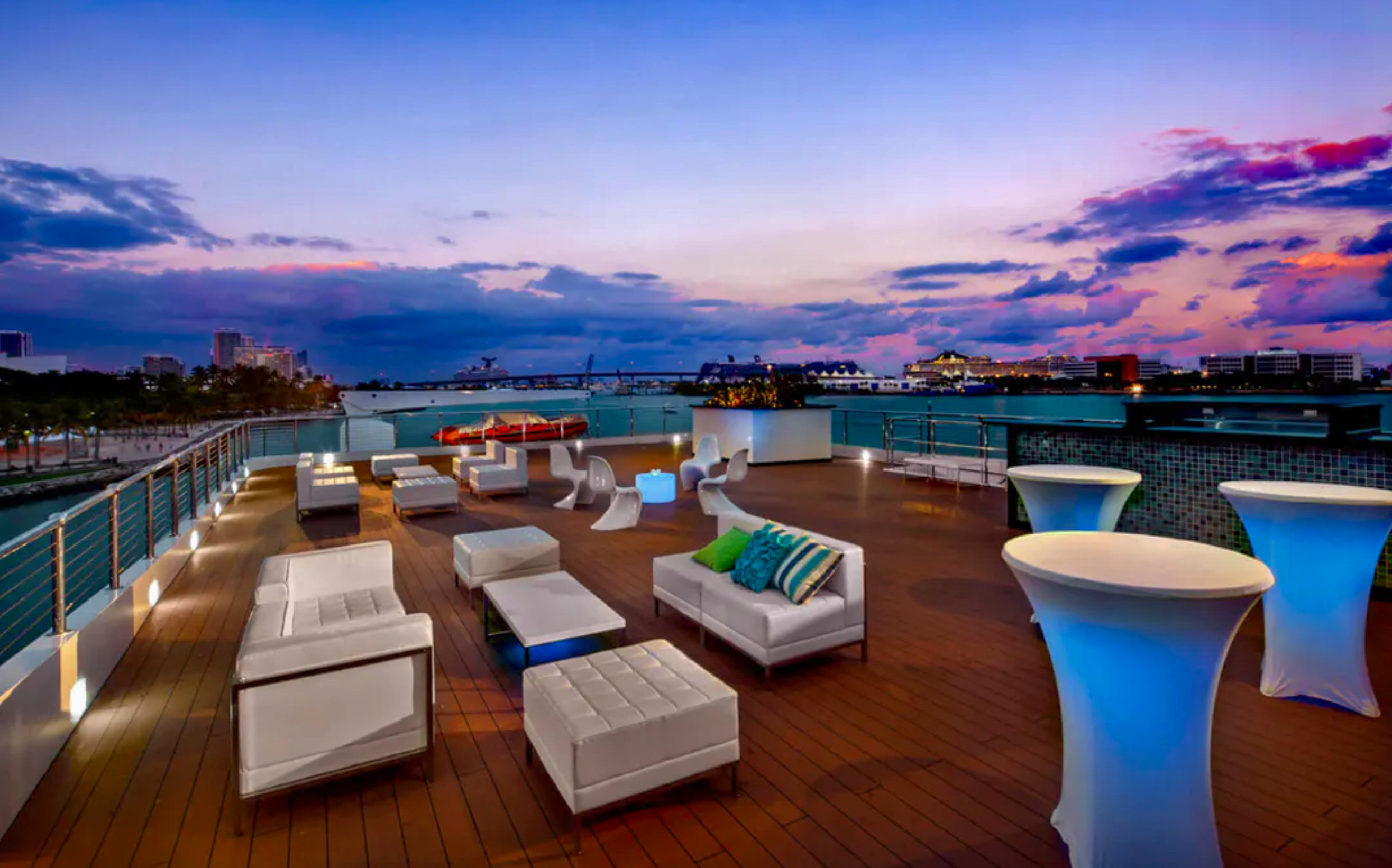 Large event space on the 222 Nichols Brother yacht at sunset