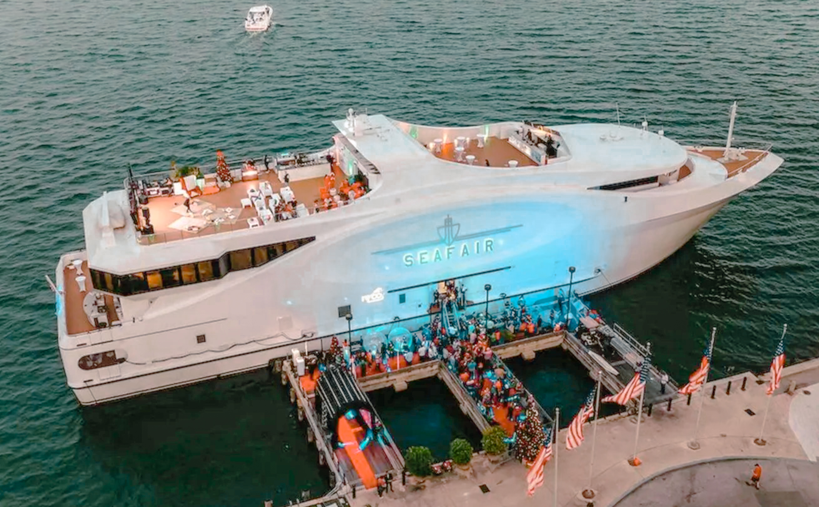The grand 222ft Nichols Brother yacht docked in Miami, ready for charter events.