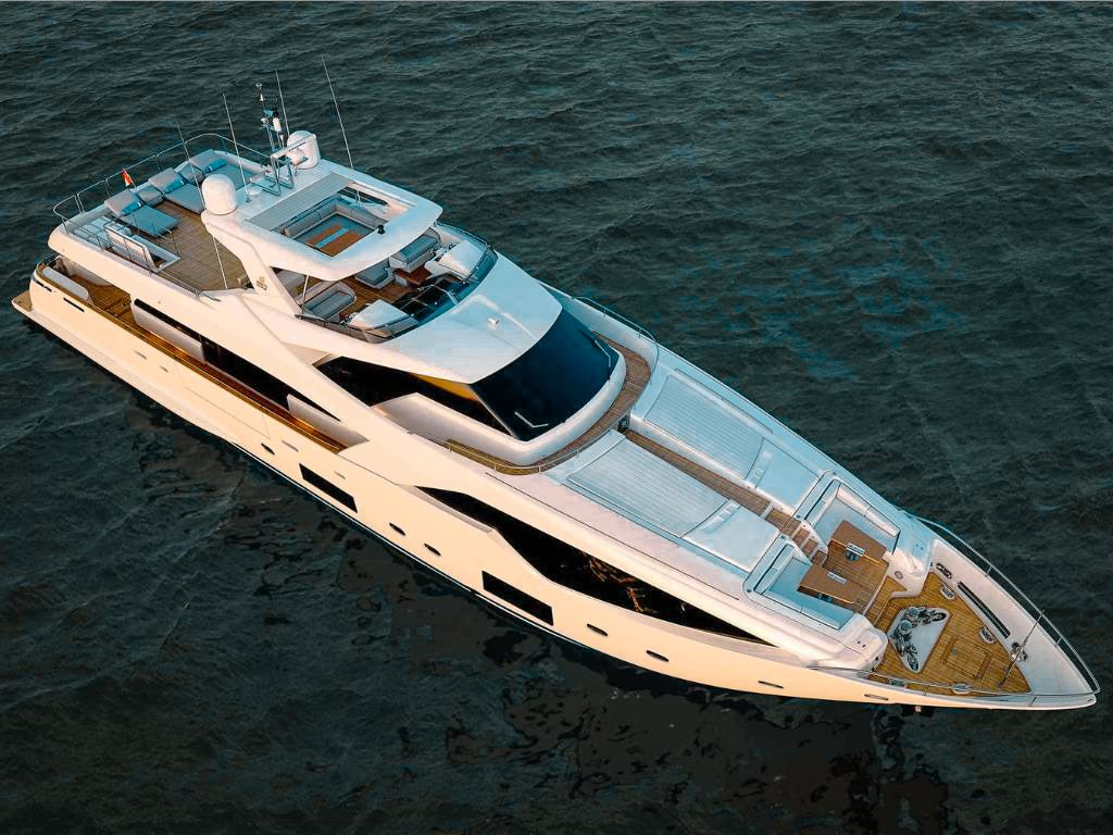 108 Ferretti II yacht exterior with deck lounge