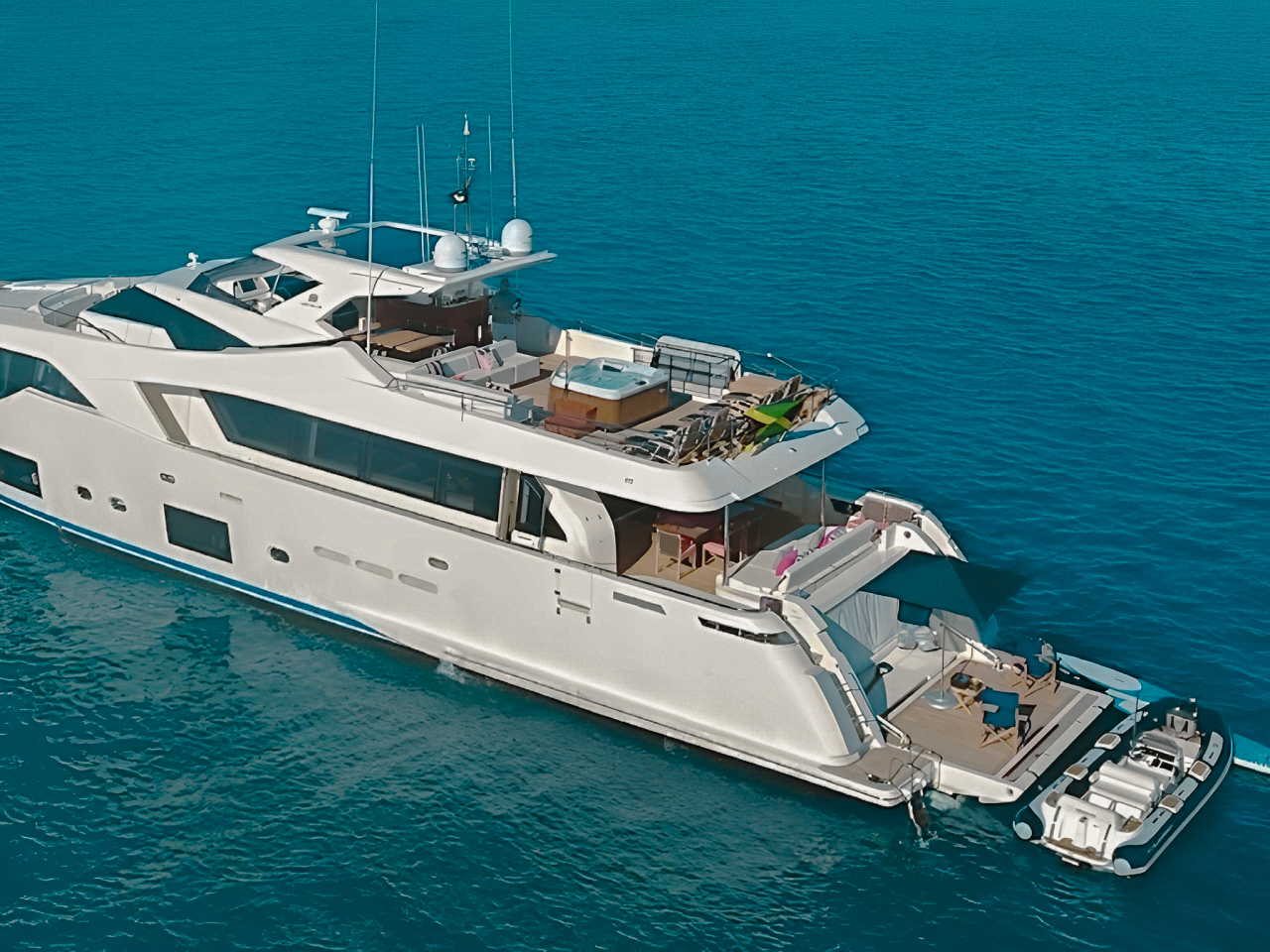 108 Ferretti II yacht full view at sunset in The Bahamas