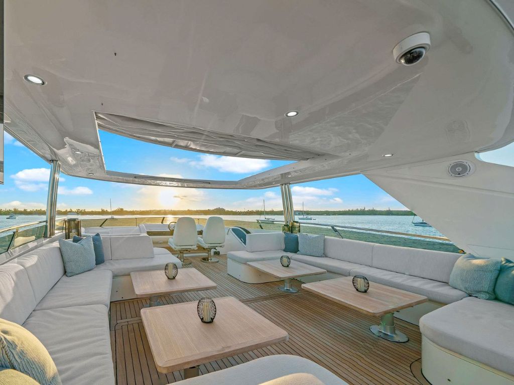View of the 95 Princess Viking's flybridge with seating and ocean backdrop