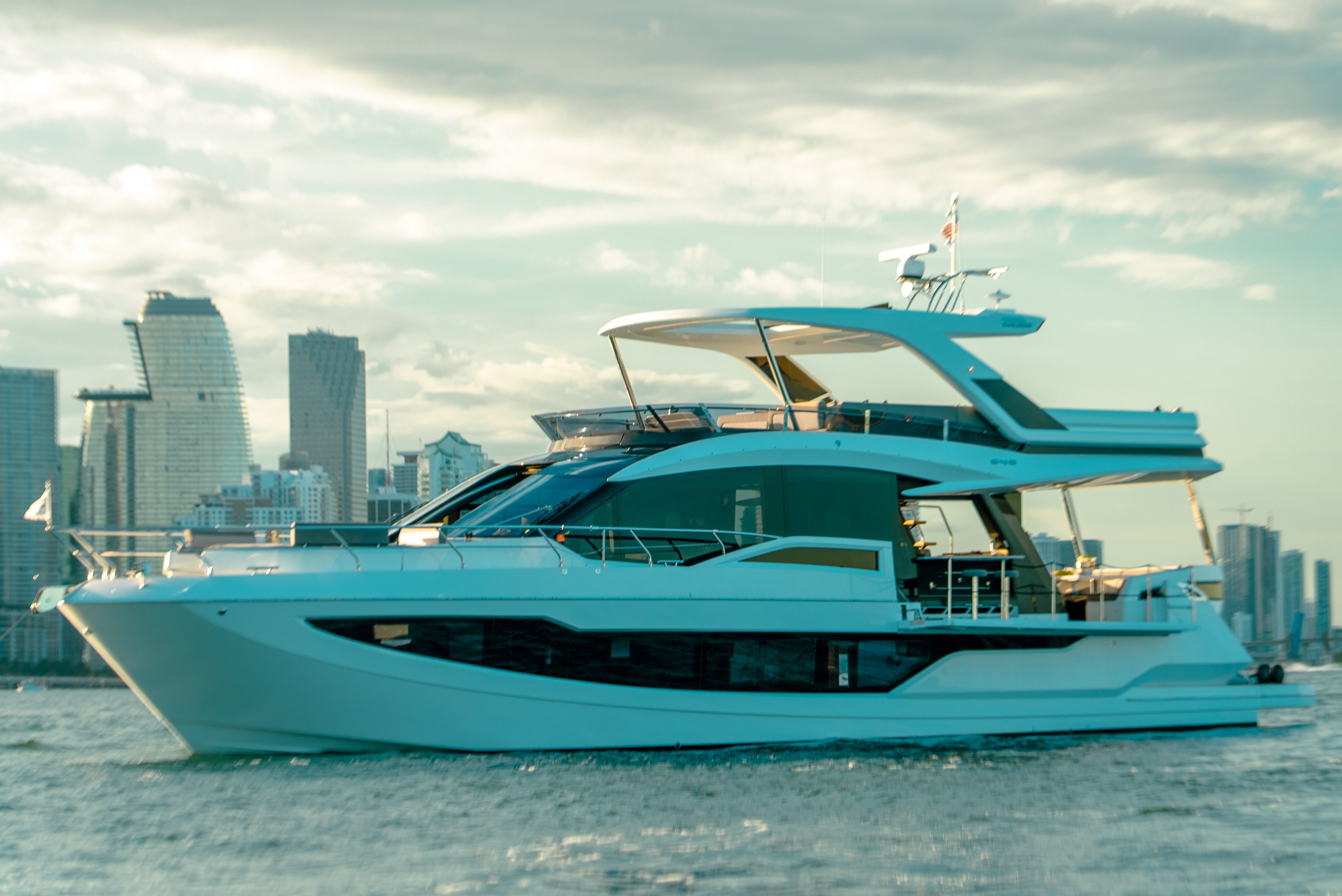 The luxurious 68ft Galeon yacht docked in Miami, ready for charter.