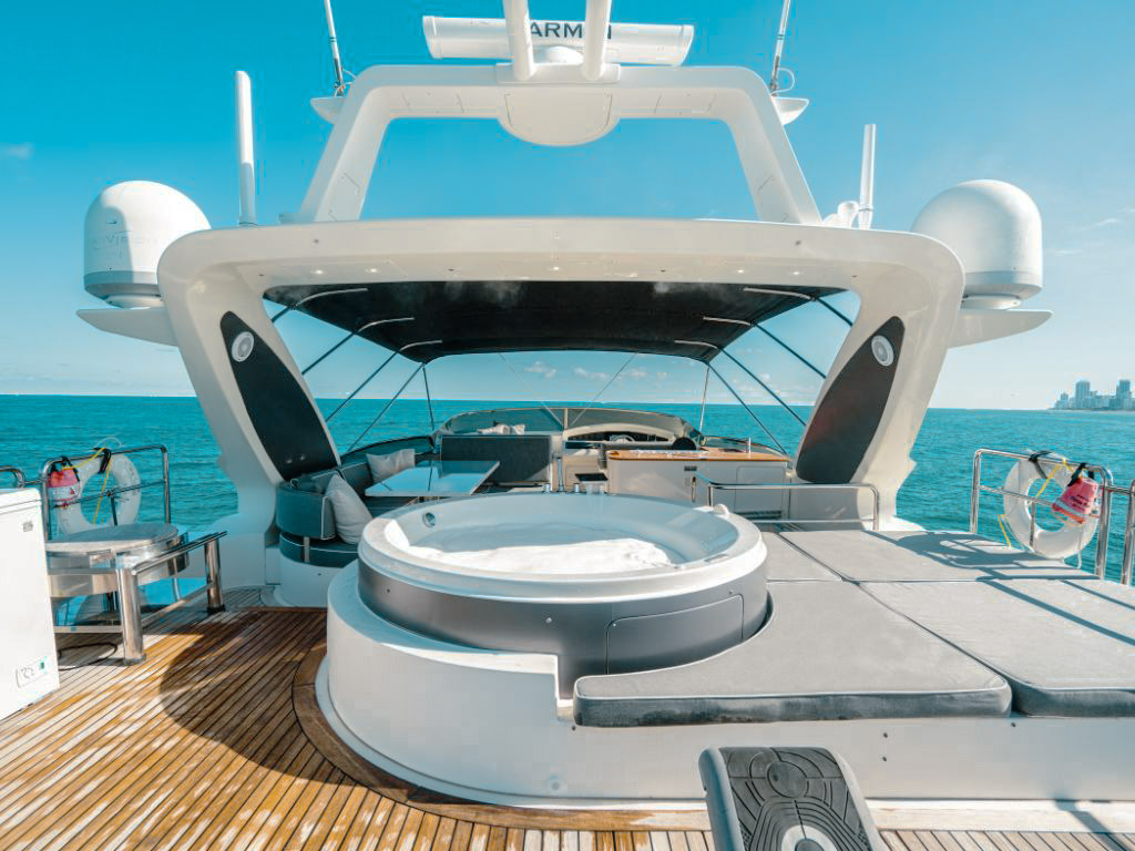 An aerial view of the 100 Azimut yacht with its spacious deck and swimming platform