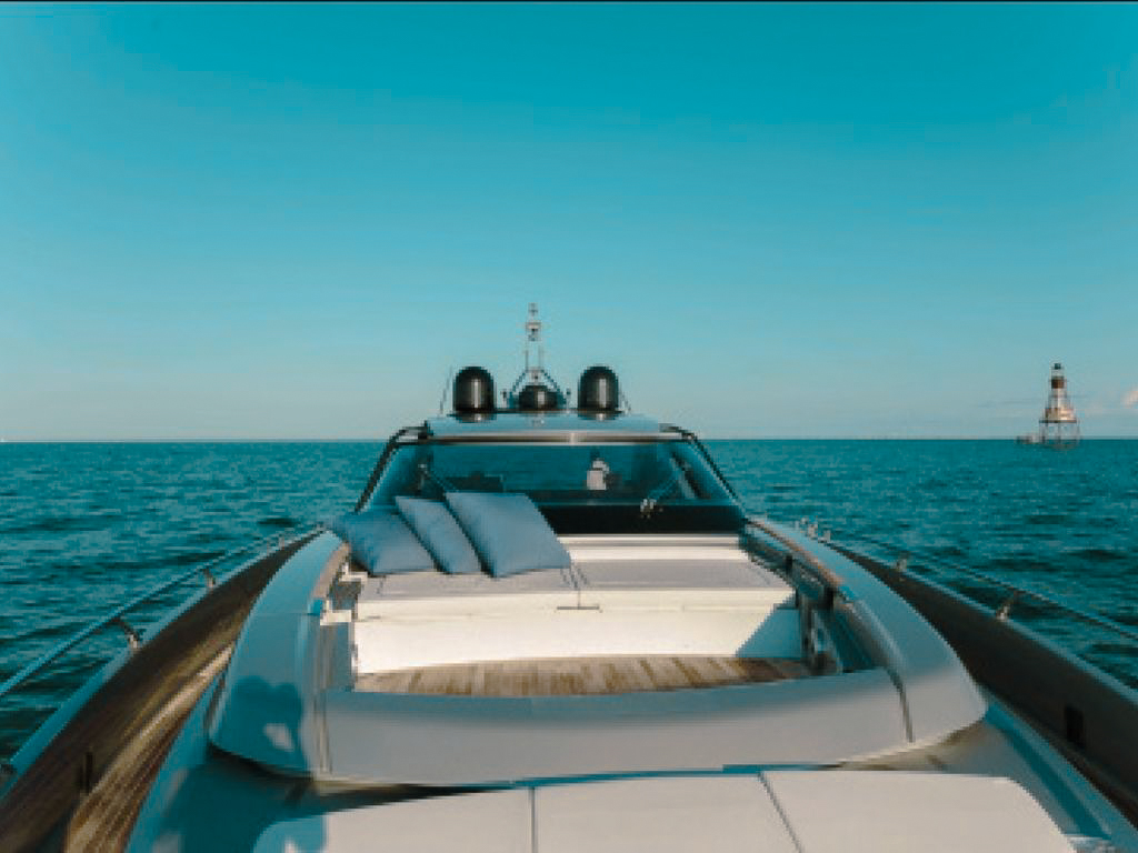 Front view of the 76 Riva II yacht showing spacious deck