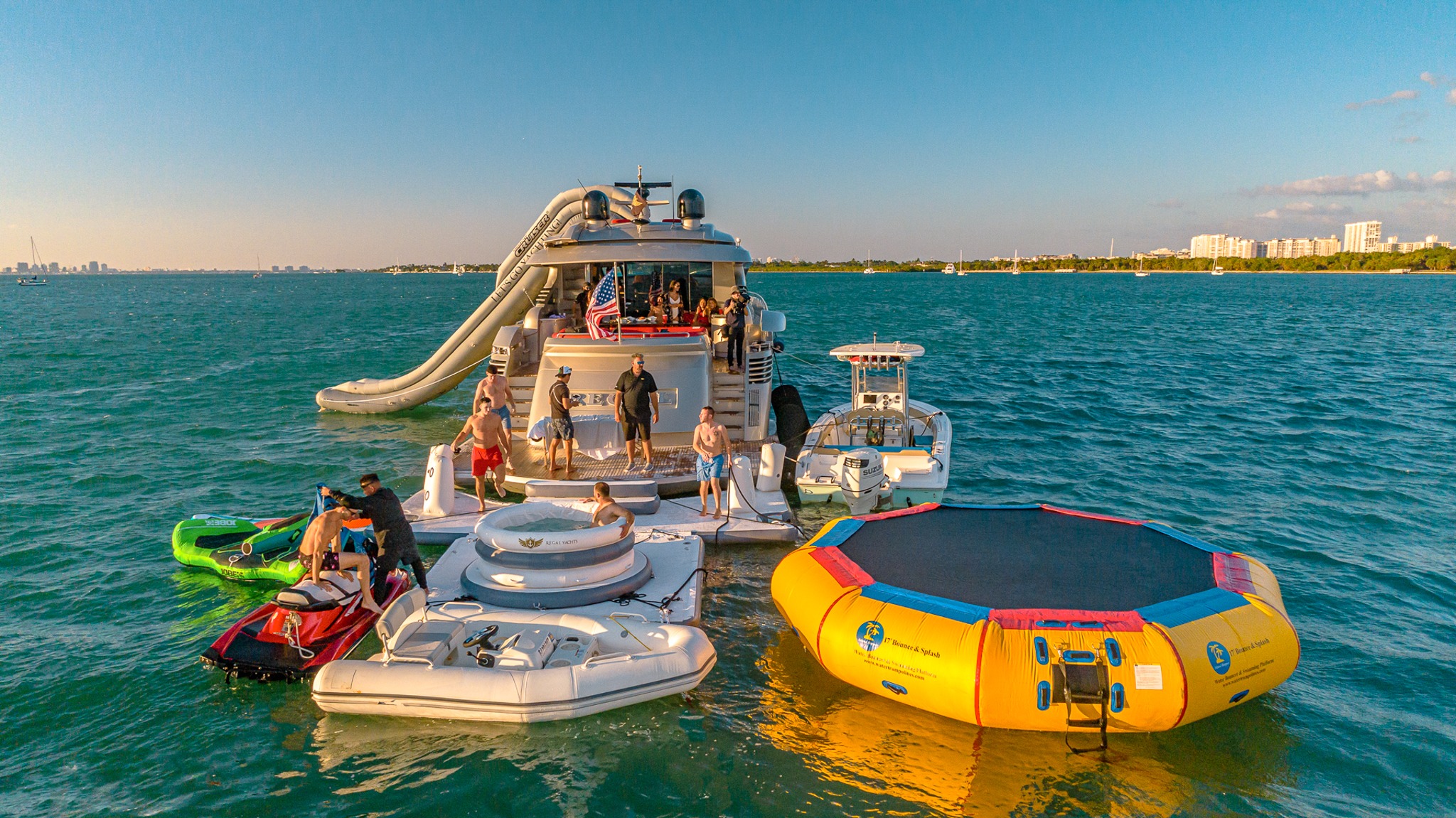 Luxurious 90ft Pershing yacht docked in Miami ready for private charter.
