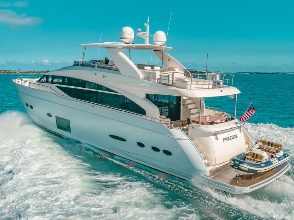 Exclusive 90ft Princess yacht available for Miami charters, offering luxury and stunning ocean views.