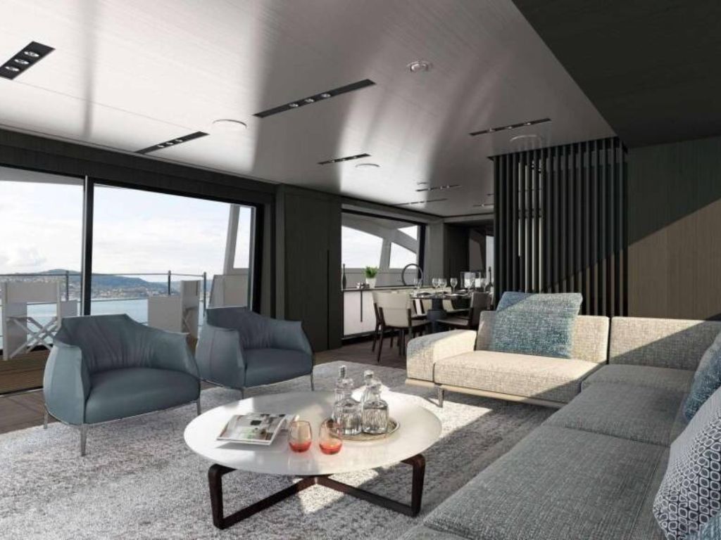 Interior salon of the 116 Pershing yacht with comfortable seating
