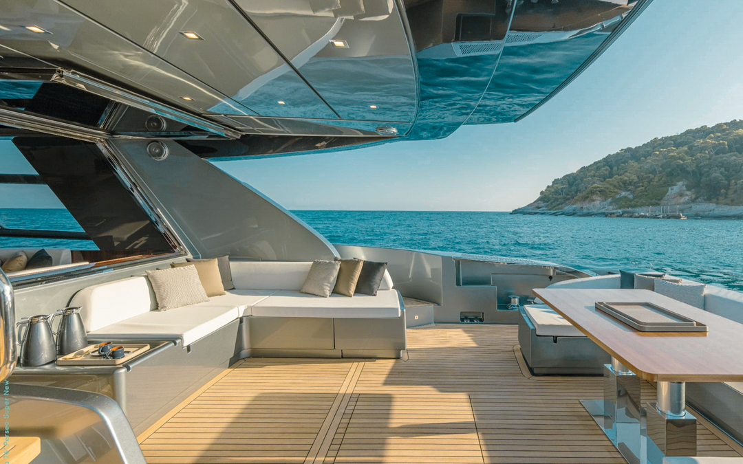 Bow of the 76 Riva yacht with sunpads
