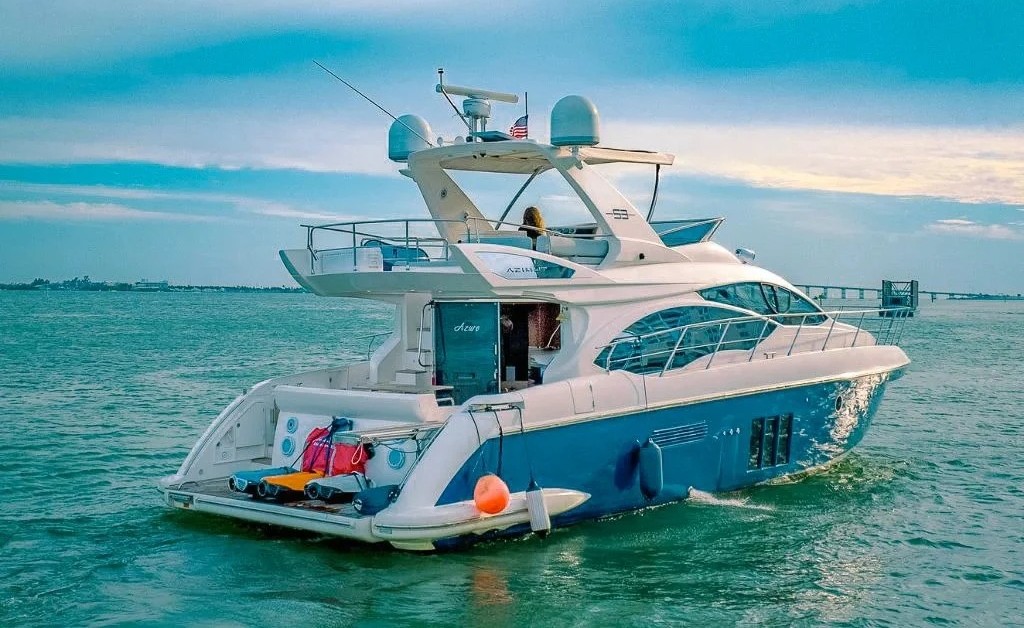 Luxurious 55ft Azimut yacht docked in Miami, ready for your charter experience.