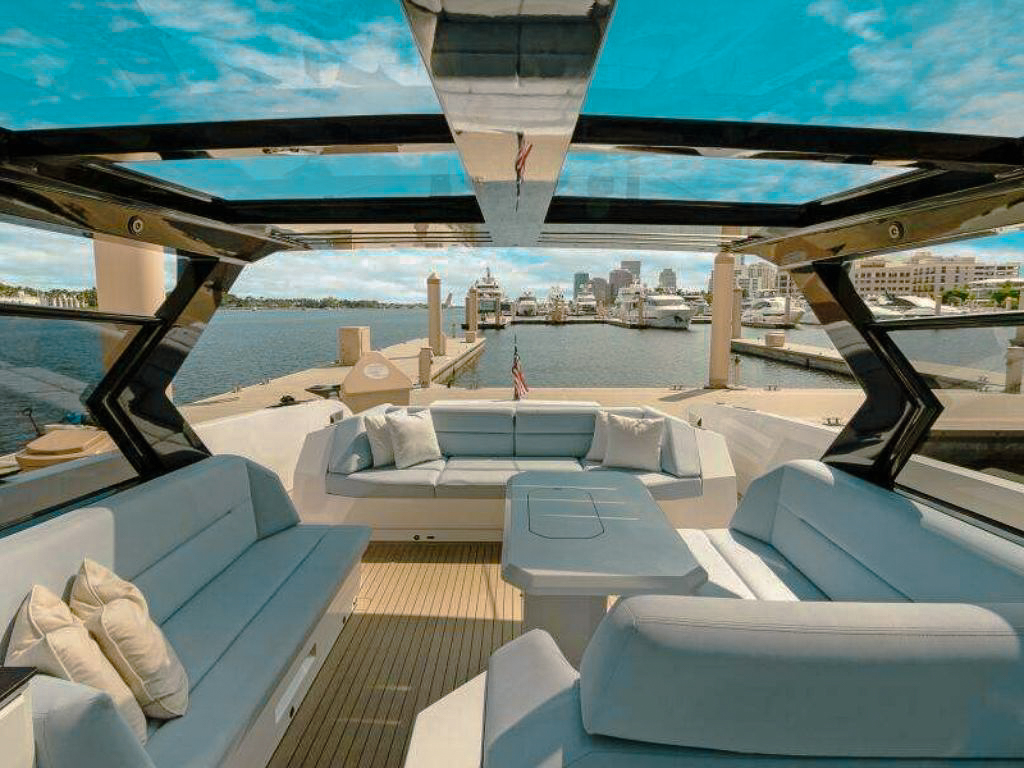 Stern view of 58 Vanquish IV yacht with open swimming platform
