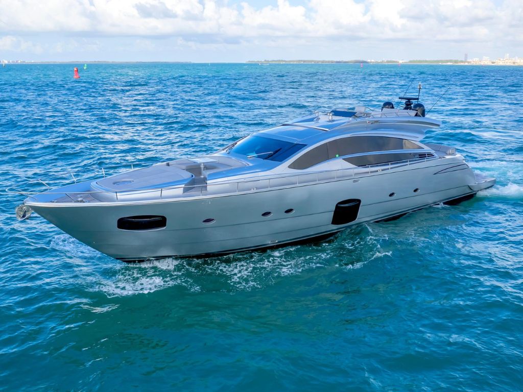 Front view of 82 Pershing yacht on calm water
