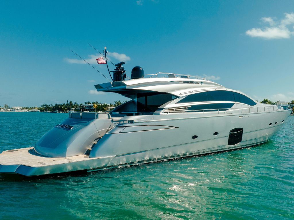 82 Pershing yacht on sparkling blue water from above