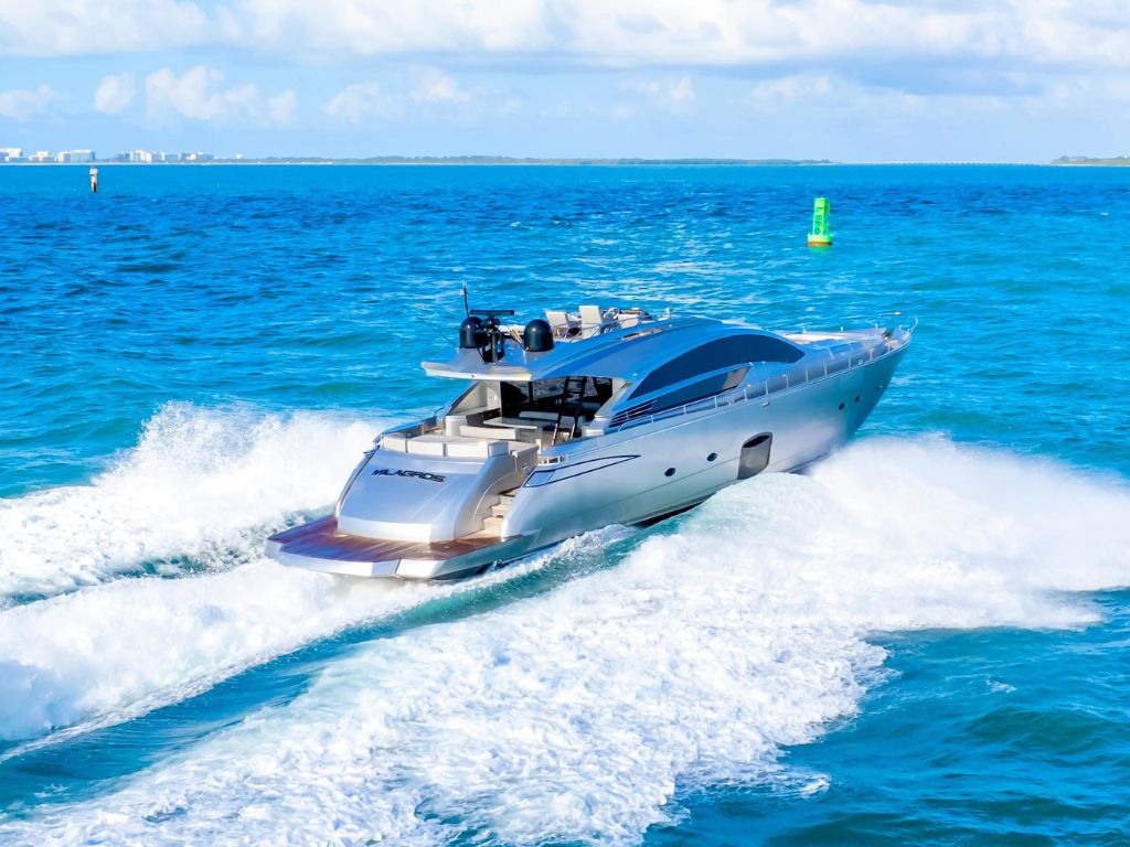 Back of 82 Pershing yacht with swimming platform open