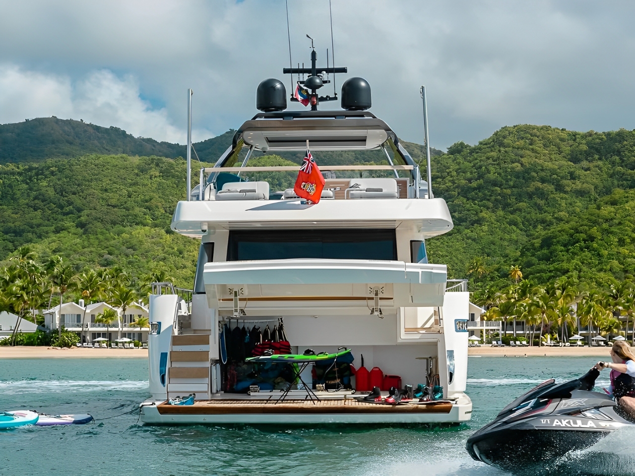 Rear deck of the 87 San Lorenzo yacht with ocean view