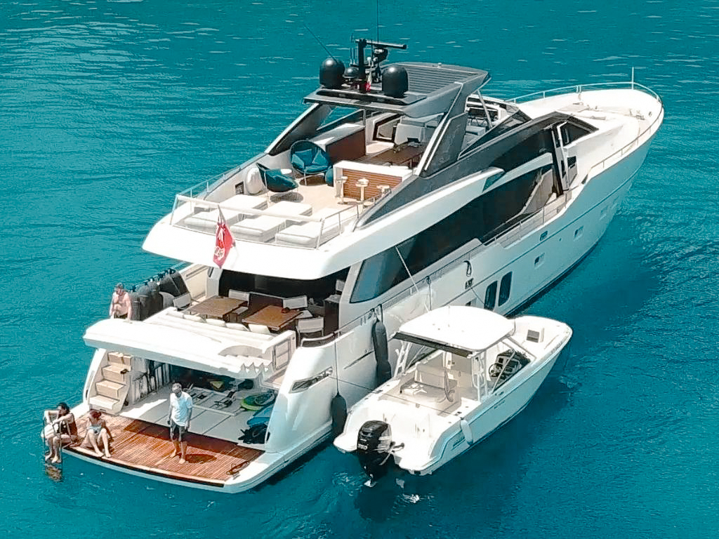 Deck area of the 87 San Lorenzo yacht with seating