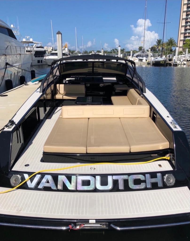 Stern view of 40 VanDutch yacht with seating