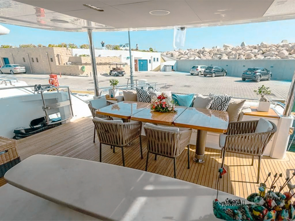View of the coastline from the stern of the 99 Princess yacht